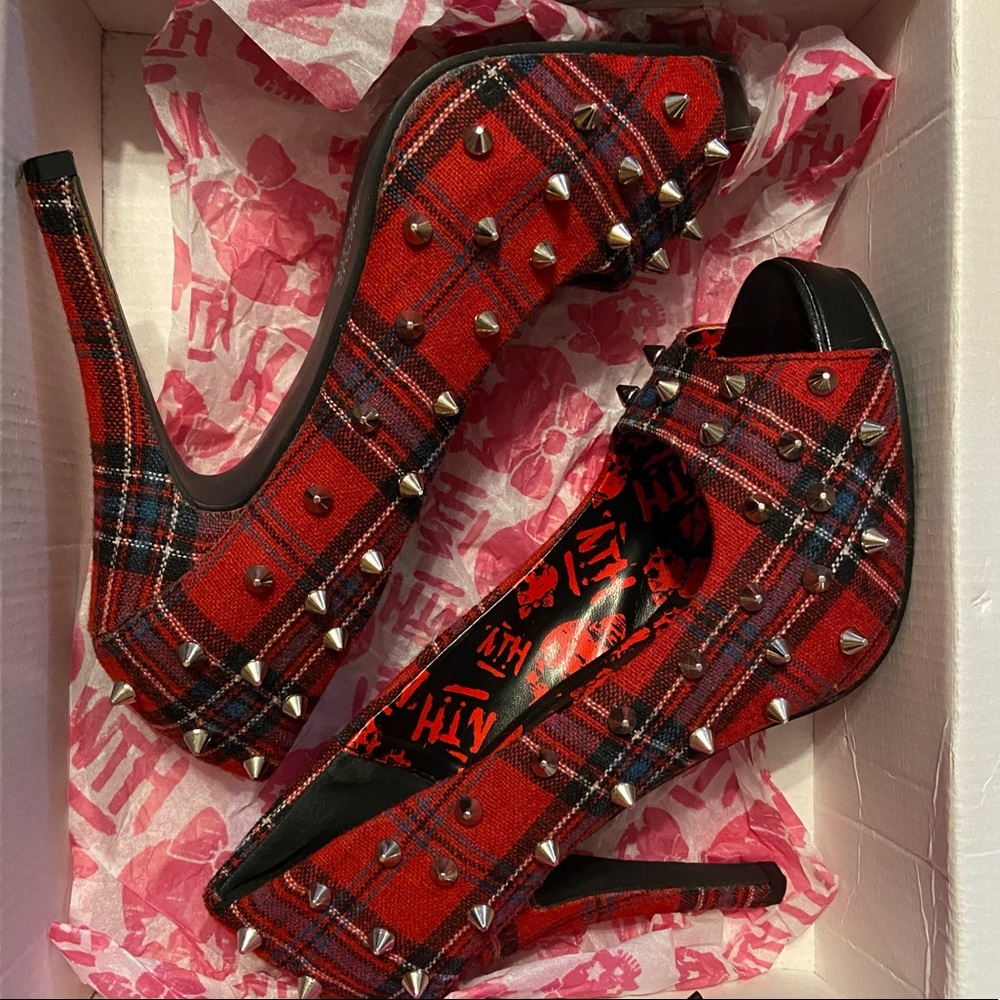 Abbey Dawn WTH  plaid spike covered heels.